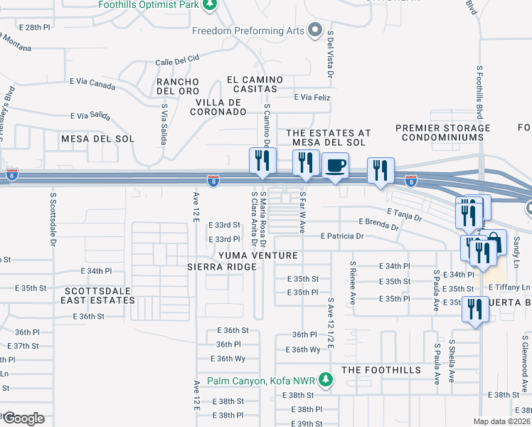 map of restaurants, bars, coffee shops, grocery stores, and more near 11204 South Maria Rosa Drive in Yuma