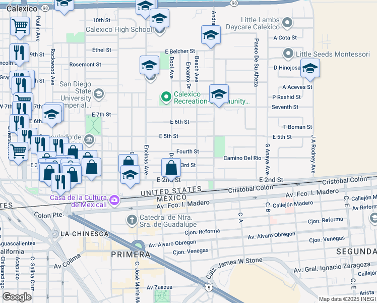 map of restaurants, bars, coffee shops, grocery stores, and more near 926 Fourth Street in Calexico
