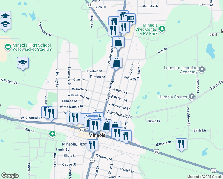 map of restaurants, bars, coffee shops, grocery stores, and more near 208 East Good Street in Mineola