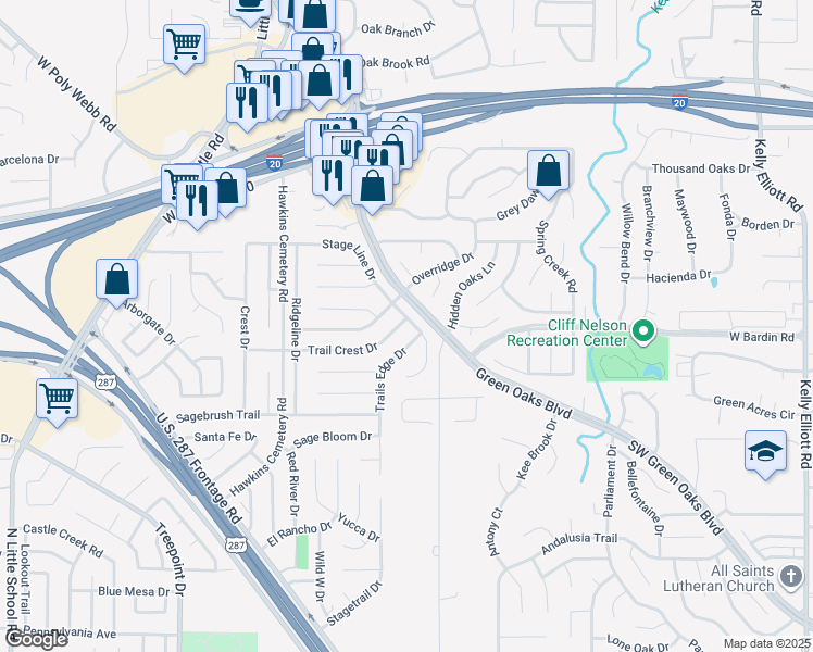 map of restaurants, bars, coffee shops, grocery stores, and more near 5601 Trails Edge Drive in Arlington