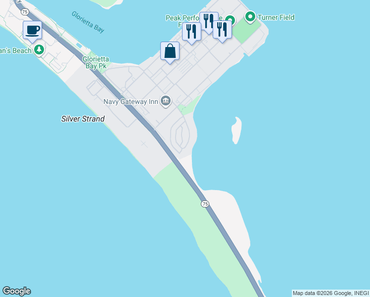 map of restaurants, bars, coffee shops, grocery stores, and more near 135 Rendova Circle in Coronado