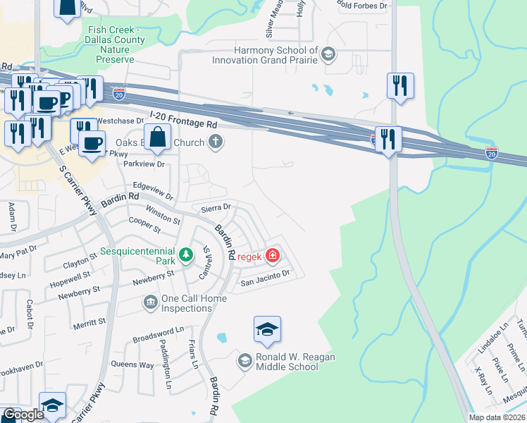 map of restaurants, bars, coffee shops, grocery stores, and more near 4304 Westcliff Road in Grand Prairie