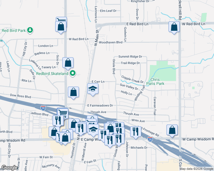 map of restaurants, bars, coffee shops, grocery stores, and more near 1243 Misty Lane in Duncanville
