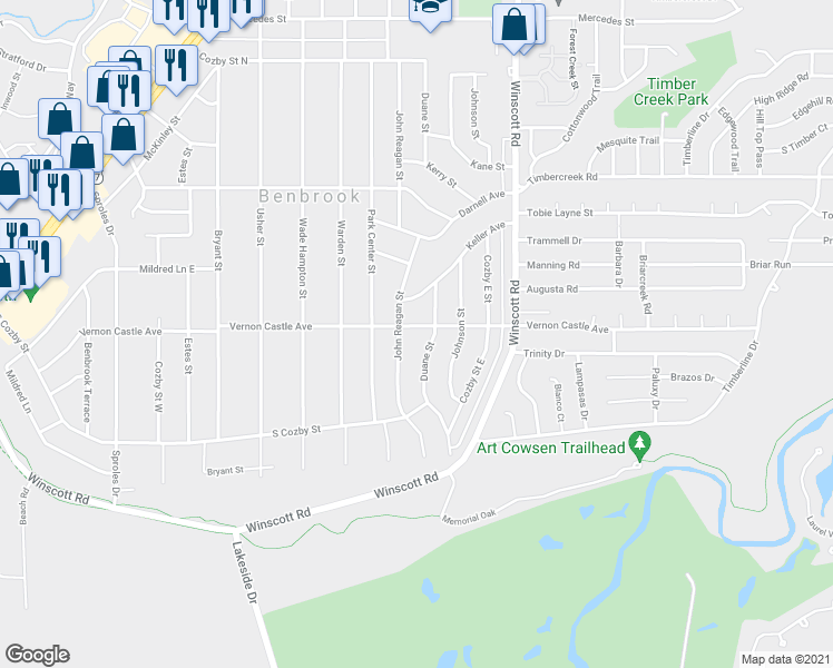 map of restaurants, bars, coffee shops, grocery stores, and more near 904 Vernon Castle Avenue in Benbrook