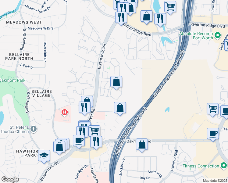 map of restaurants, bars, coffee shops, grocery stores, and more near 5301 Bryant Irvin Road in Fort Worth