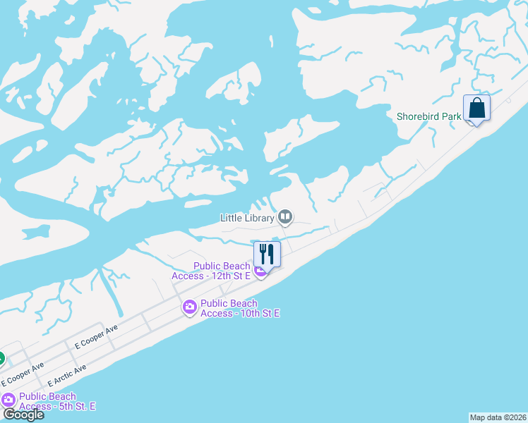 map of restaurants, bars, coffee shops, grocery stores, and more near 1216 Tabby Drive in Folly Beach