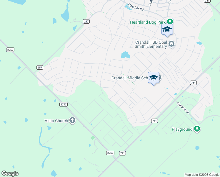map of restaurants, bars, coffee shops, grocery stores, and more near 3946 Bison Lane in Crandall