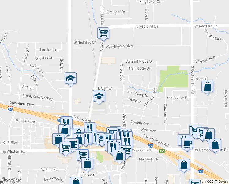 map of restaurants, bars, coffee shops, grocery stores, and more near 1243 Misty Lane in Duncanville