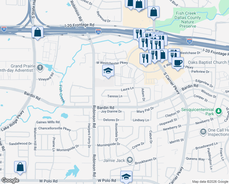 map of restaurants, bars, coffee shops, grocery stores, and more near 608 Teresa Lane in Grand Prairie