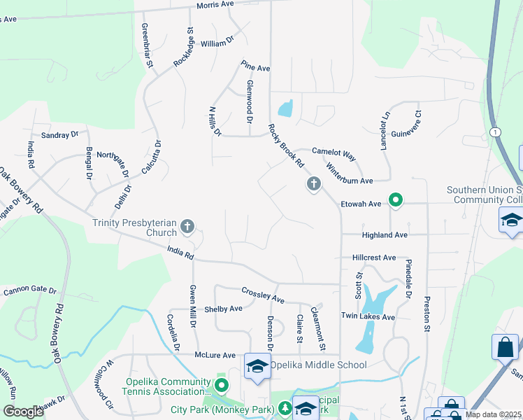 map of restaurants, bars, coffee shops, grocery stores, and more near 606 India Road in Opelika