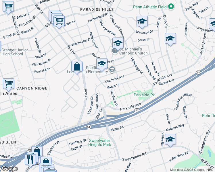 map of restaurants, bars, coffee shops, grocery stores, and more near 2951 Manos Drive in San Diego
