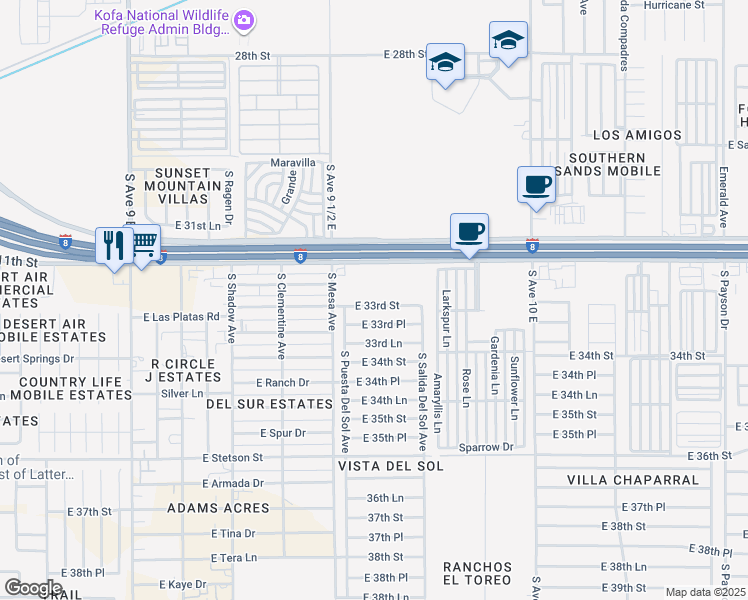 map of restaurants, bars, coffee shops, grocery stores, and more near 9585 E 33rd St in Yuma