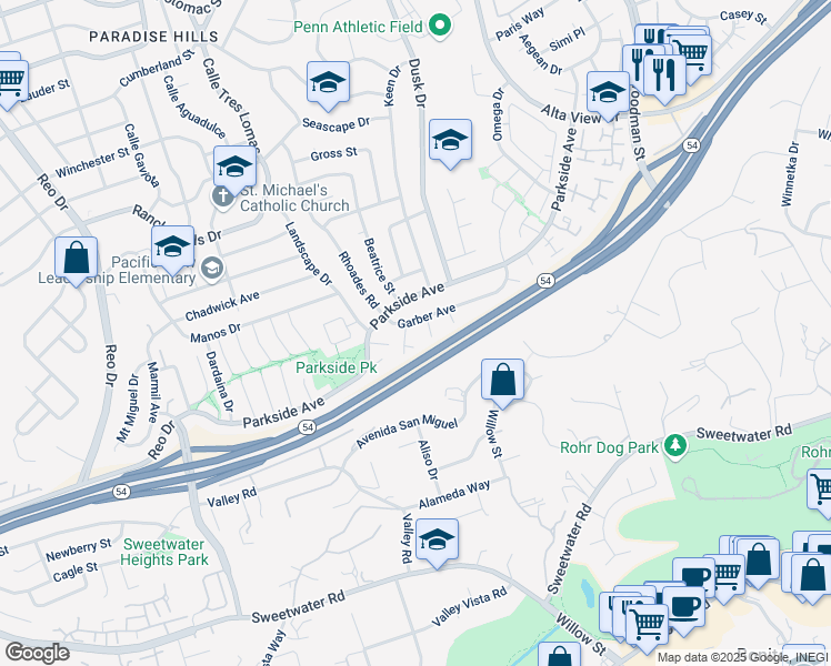 map of restaurants, bars, coffee shops, grocery stores, and more near 3036 Plato Drive in San Diego