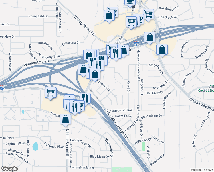map of restaurants, bars, coffee shops, grocery stores, and more near 4949 Brazoswood Circle in Arlington