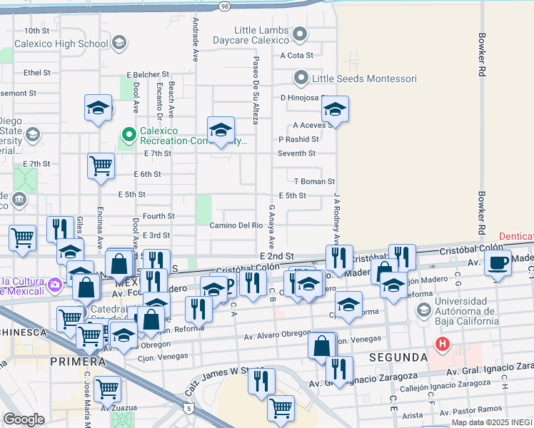 map of restaurants, bars, coffee shops, grocery stores, and more near 213-303 Paseo De Su Alteza in Calexico