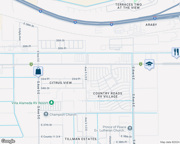 map of restaurants, bars, coffee shops, grocery stores, and more near Avenue 5 1/2 East in Yuma
