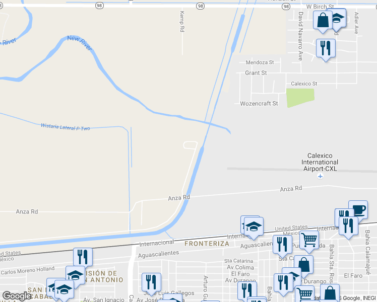 map of restaurants, bars, coffee shops, grocery stores, and more near 52 2nd Street in Calexico