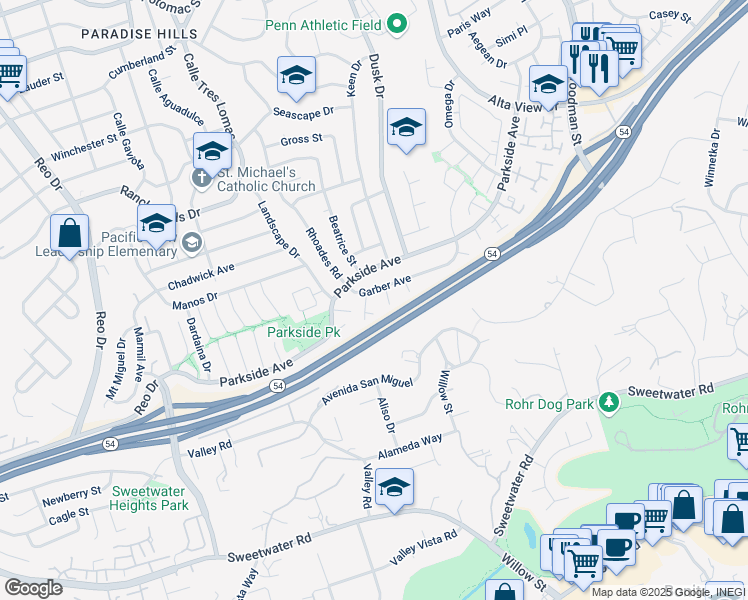 map of restaurants, bars, coffee shops, grocery stores, and more near 3036 Plato Drive in San Diego