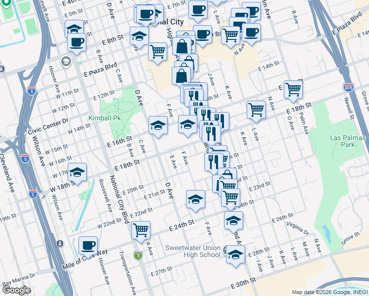 map of restaurants, bars, coffee shops, grocery stores, and more near 604 East 18th Street in National City