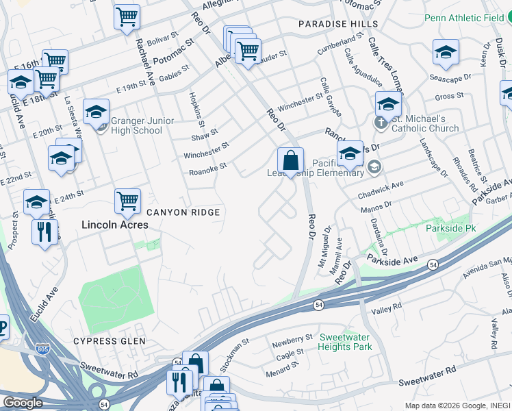 map of restaurants, bars, coffee shops, grocery stores, and more near 2864 Morningside Street in San Diego