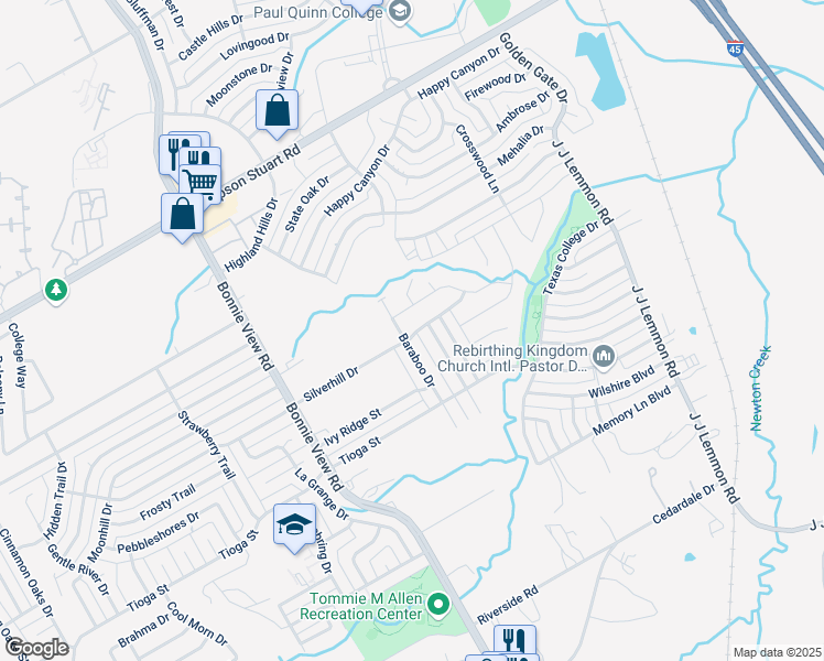 map of restaurants, bars, coffee shops, grocery stores, and more near 6406 Baraboo Drive in Dallas