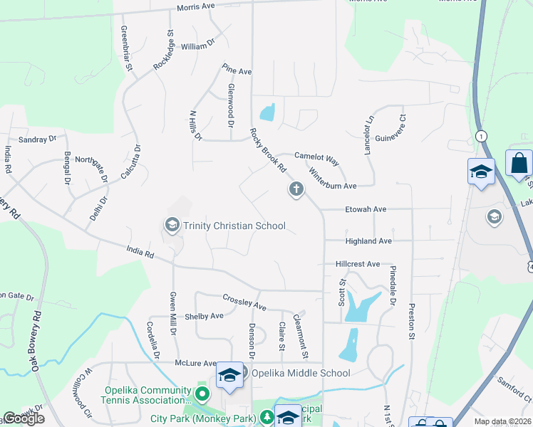 map of restaurants, bars, coffee shops, grocery stores, and more near 606 India Road in Opelika