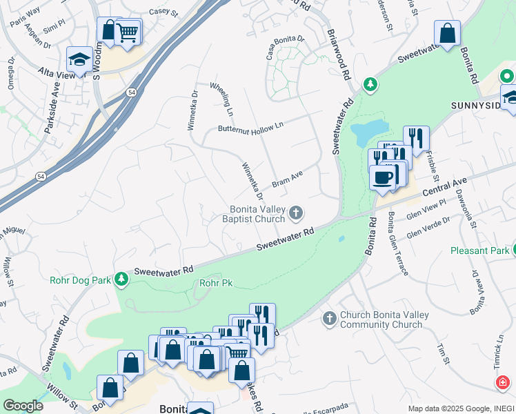 map of restaurants, bars, coffee shops, grocery stores, and more near 3518 Winnetka Drive in Bonita
