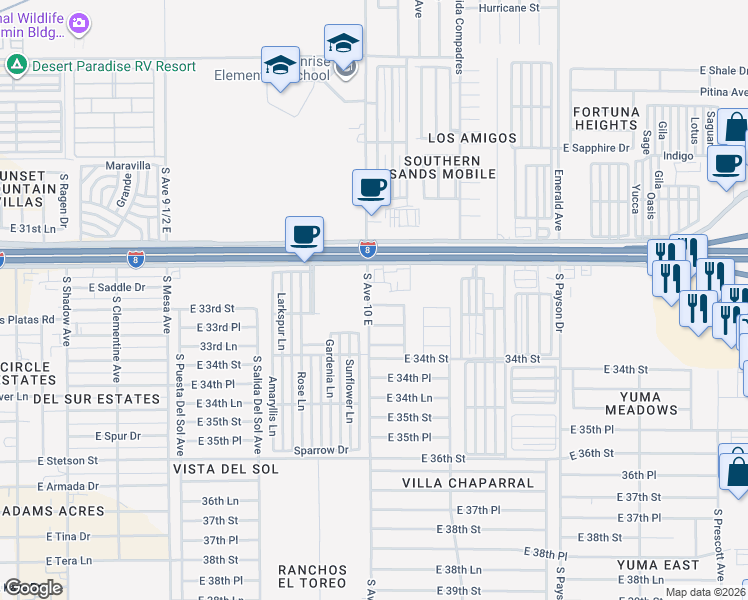 map of restaurants, bars, coffee shops, grocery stores, and more near South Avenue 10 East in Yuma