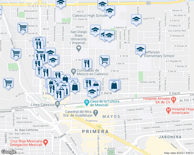 map of restaurants, bars, coffee shops, grocery stores, and more near 702 Fourth Street in Calexico