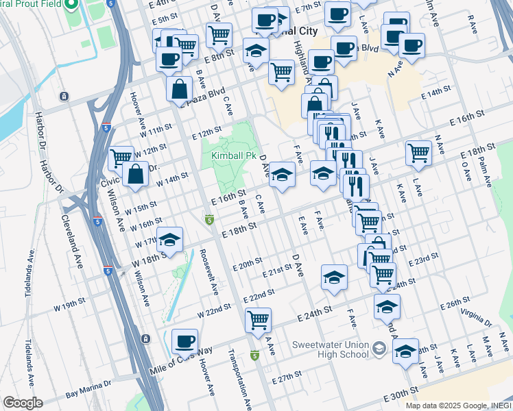 map of restaurants, bars, coffee shops, grocery stores, and more near 1721 C Avenue in National City