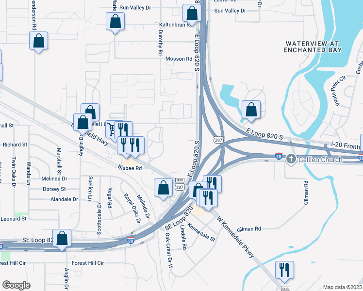 map of restaurants, bars, coffee shops, grocery stores, and more near 6100 East Loop 820 South in Fort Worth