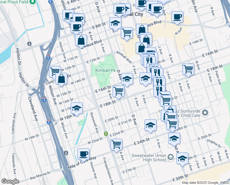 map of restaurants, bars, coffee shops, grocery stores, and more near 1642 C Avenue in National City