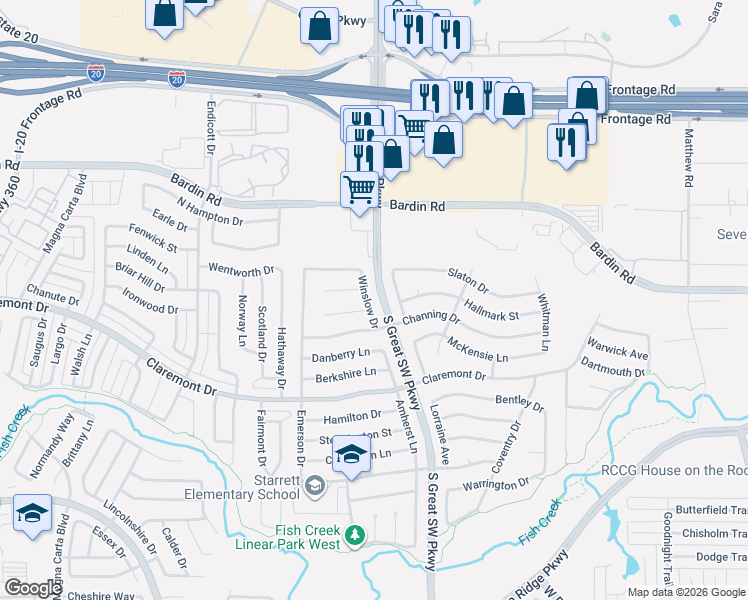 map of restaurants, bars, coffee shops, grocery stores, and more near 4133 Winslow Drive in Grand Prairie