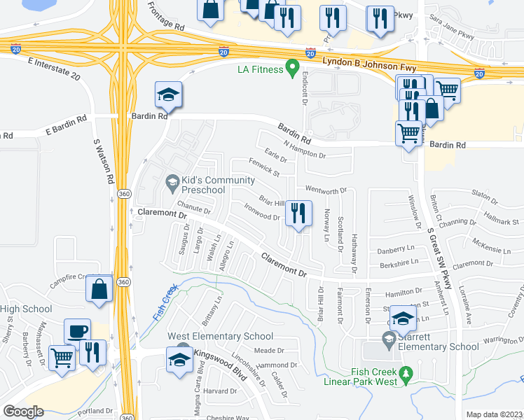 map of restaurants, bars, coffee shops, grocery stores, and more near 2840 Ironwood Drive in Grand Prairie