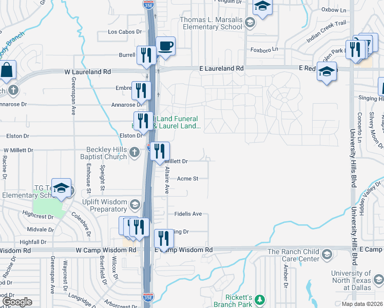 map of restaurants, bars, coffee shops, grocery stores, and more near 314 East Millett Drive in Dallas