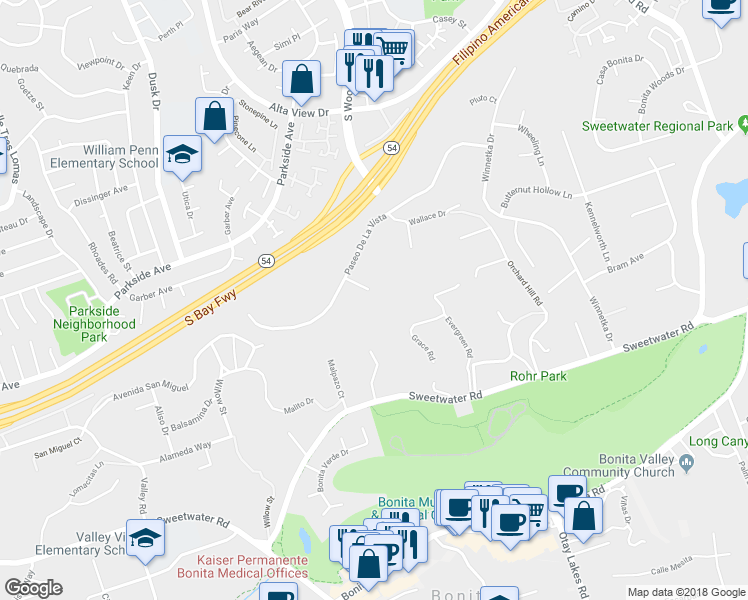 map of restaurants, bars, coffee shops, grocery stores, and more near 3498 Via Mandril in Bonita