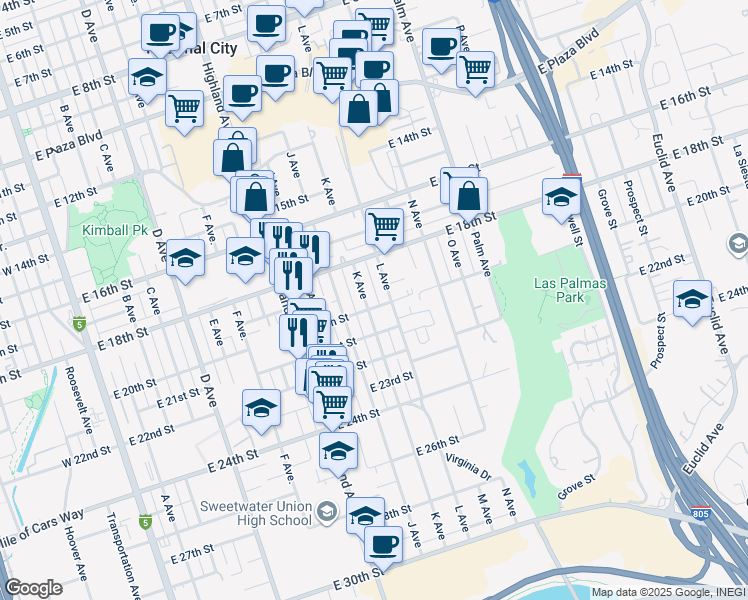 map of restaurants, bars, coffee shops, grocery stores, and more near 1138 East 20th Street in National City