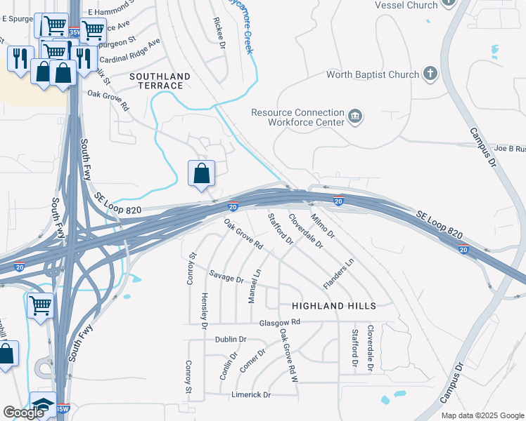map of restaurants, bars, coffee shops, grocery stores, and more near 1208 Southeast Loop 820 in Fort Worth