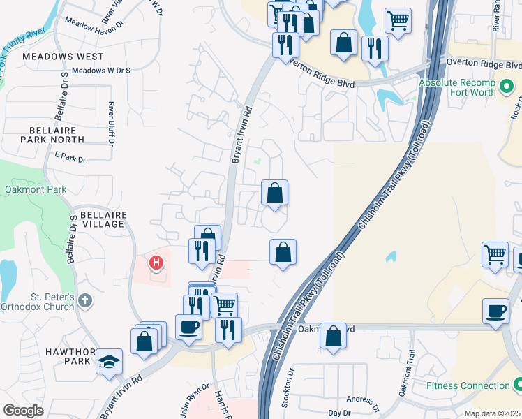 map of restaurants, bars, coffee shops, grocery stores, and more near 5414 Clover Court in Fort Worth