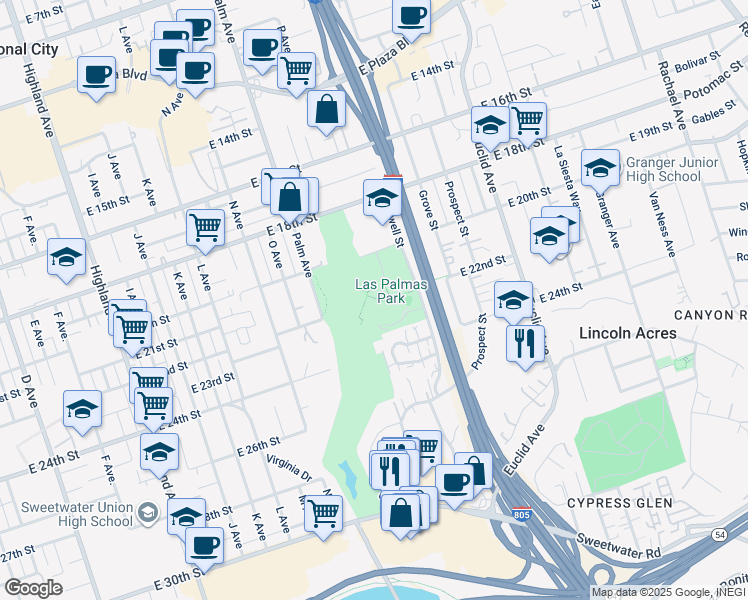 map of restaurants, bars, coffee shops, grocery stores, and more near 1800 East 22nd Street in National City