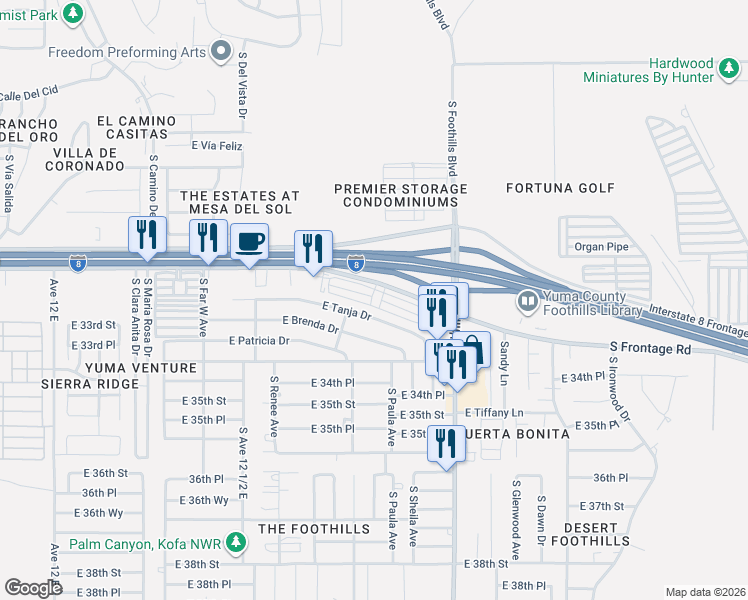map of restaurants, bars, coffee shops, grocery stores, and more near 12778 East Tanja Drive in Yuma