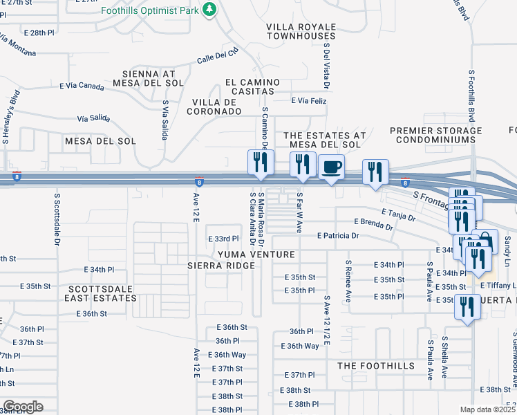 map of restaurants, bars, coffee shops, grocery stores, and more near 11174 South Maria Rosa Drive in Yuma