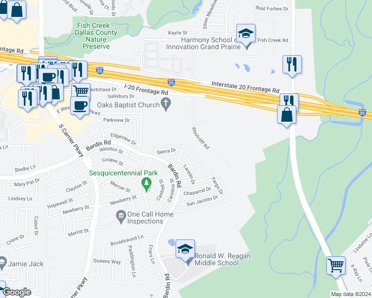 map of restaurants, bars, coffee shops, grocery stores, and more near 4408 Sierra Drive in Grand Prairie