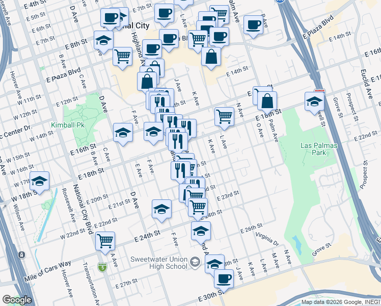 map of restaurants, bars, coffee shops, grocery stores, and more near 1843 I Avenue in National City