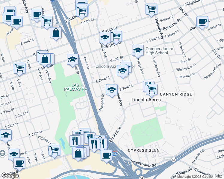 map of restaurants, bars, coffee shops, grocery stores, and more near 2340 Euclid Avenue in National City