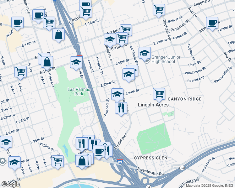map of restaurants, bars, coffee shops, grocery stores, and more near 2320 Euclid Avenue in National City