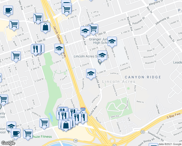 map of restaurants, bars, coffee shops, grocery stores, and more near 2400 Euclid Avenue in National City