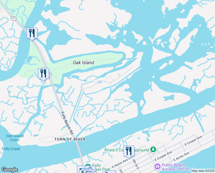 map of restaurants, bars, coffee shops, grocery stores, and more near 228 Little Oak Island Drive in Folly Beach