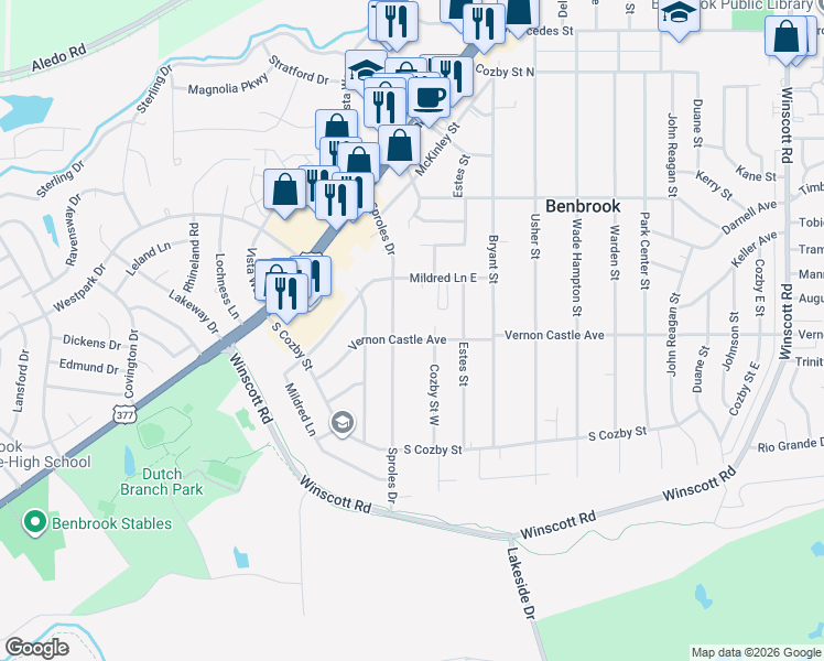 map of restaurants, bars, coffee shops, grocery stores, and more near 104 Vernon Castle Avenue in Benbrook