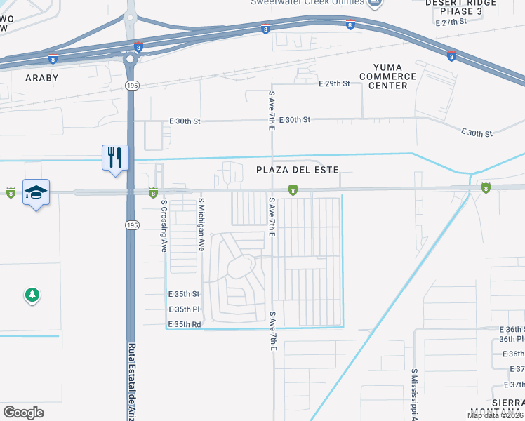 map of restaurants, bars, coffee shops, grocery stores, and more near North Lassie in Yuma